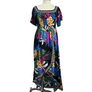Jealous Tomato Tropical Maxi Dress L Black Multicolor Off Shoulder Size L